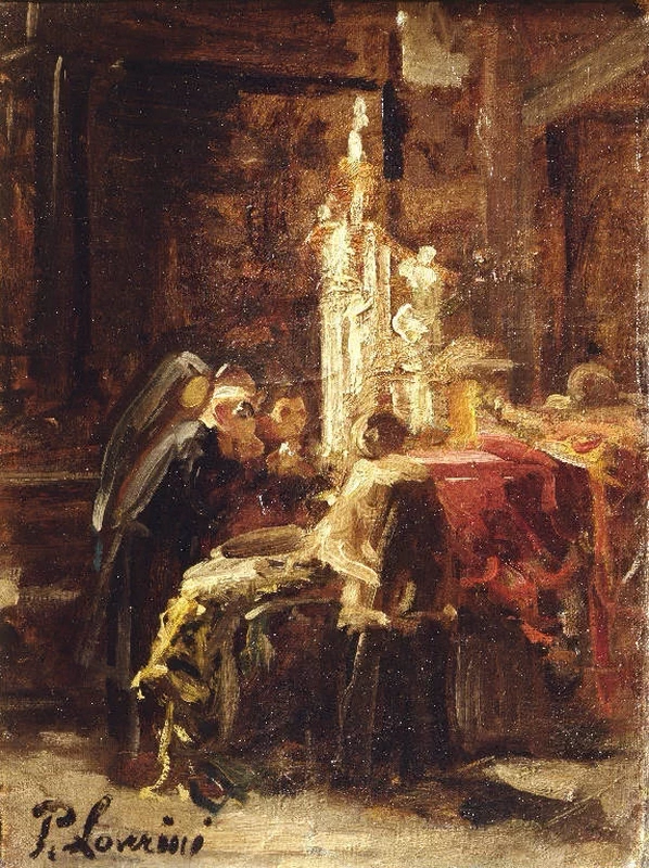 Sacerdoti e fedeli osservano arredi sacri e reliquie - Accademia Carrara, Bergamo
